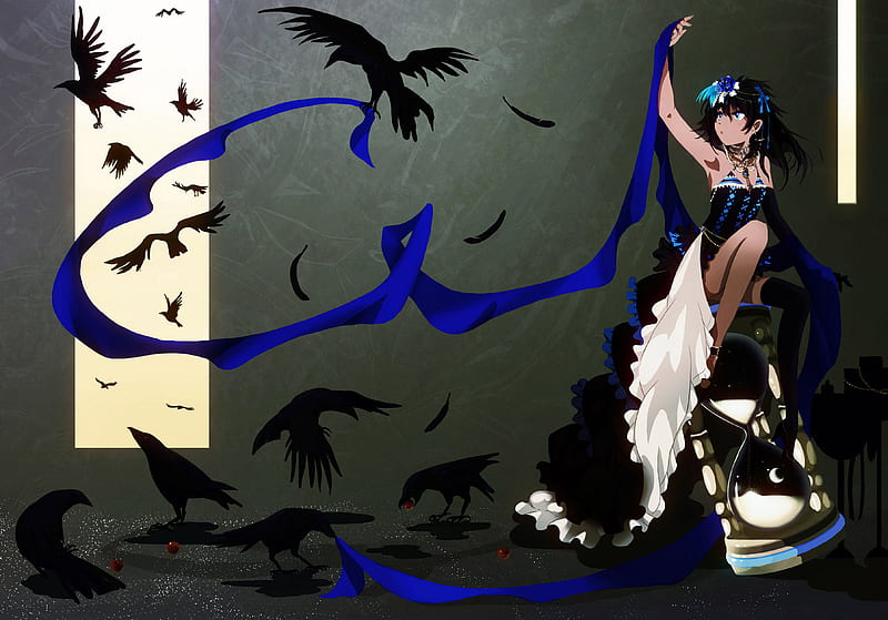 Funakura, hourglass, crows, blue, ribbon, HD wallpaper