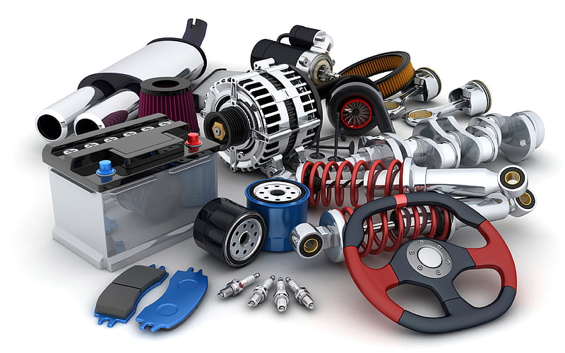 3d car parts, car repair concepts, car parts sales, 3d generator, oil filter, brake pads, battery, shock absorbers, HD wallpaper