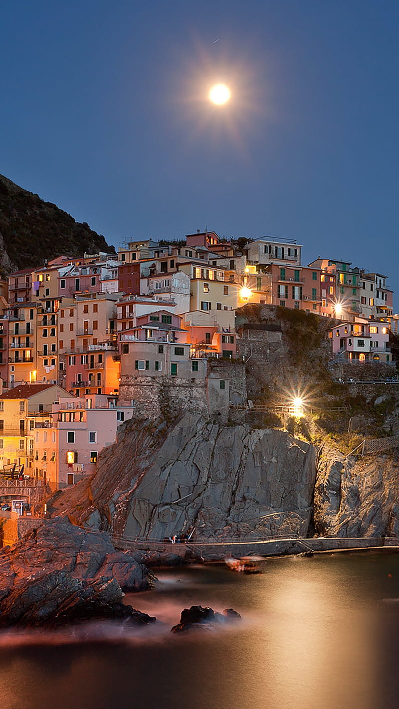 graphy, Italy, town, lights, night, Manarola, Liguria, HD phone wallpaper