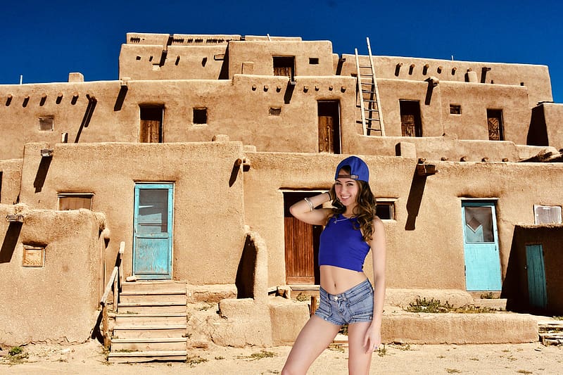 Riley Reid Checking out the Neighborhood, brunette, model, hat, smile, taos pueblo, shorts, HD wallpaper
