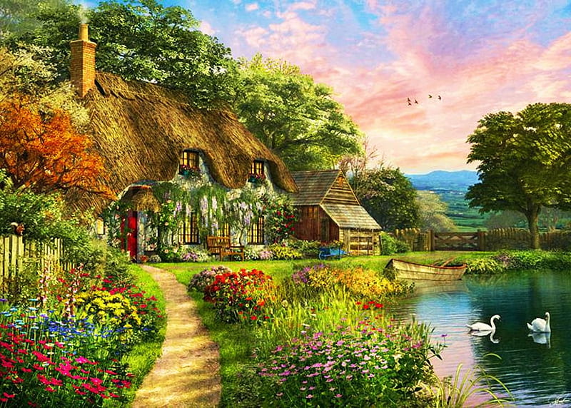 Wisteria Cottage, pond, house, painting, flowers, path, garden, swans, artwork, HD wallpaper