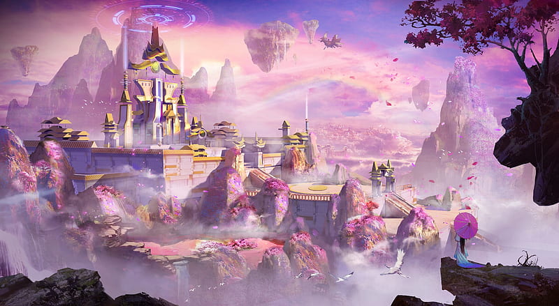 Castle, art, fantasy, luminos, girl, virgilgong, pink, parasol, HD wallpaper