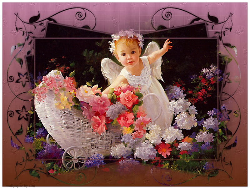 Sherrill's Easter Angel, flowers, baby carriage, easter, angel, HD wallpaper