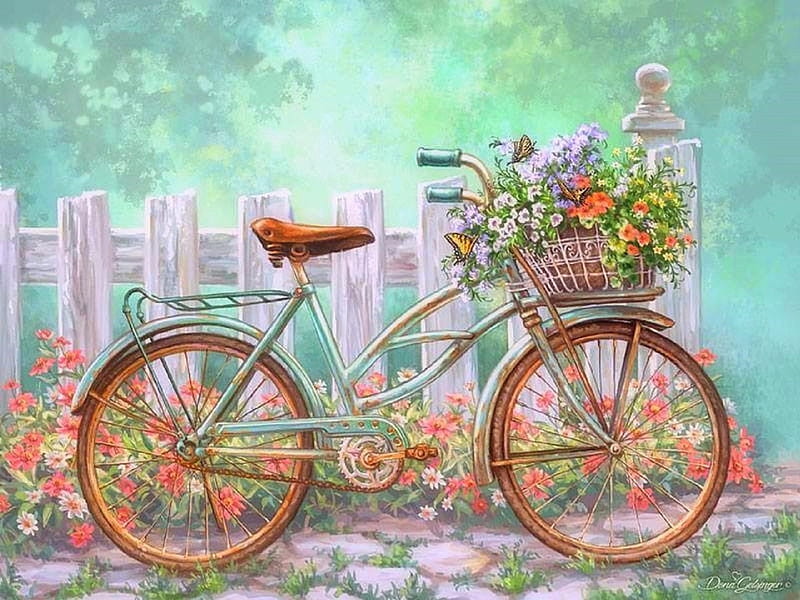 Vintage Bike Flowers, fence, lovely, love four seasons, bicycle, bonito, butterflies, attractions in dreams, paintings, flowers, bike, butterfly designs, vintage, HD wallpaper