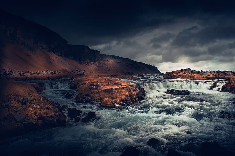 iceland, cascade, dark weather, mountain, rocks, clouds, Landscape, HD wallpaper