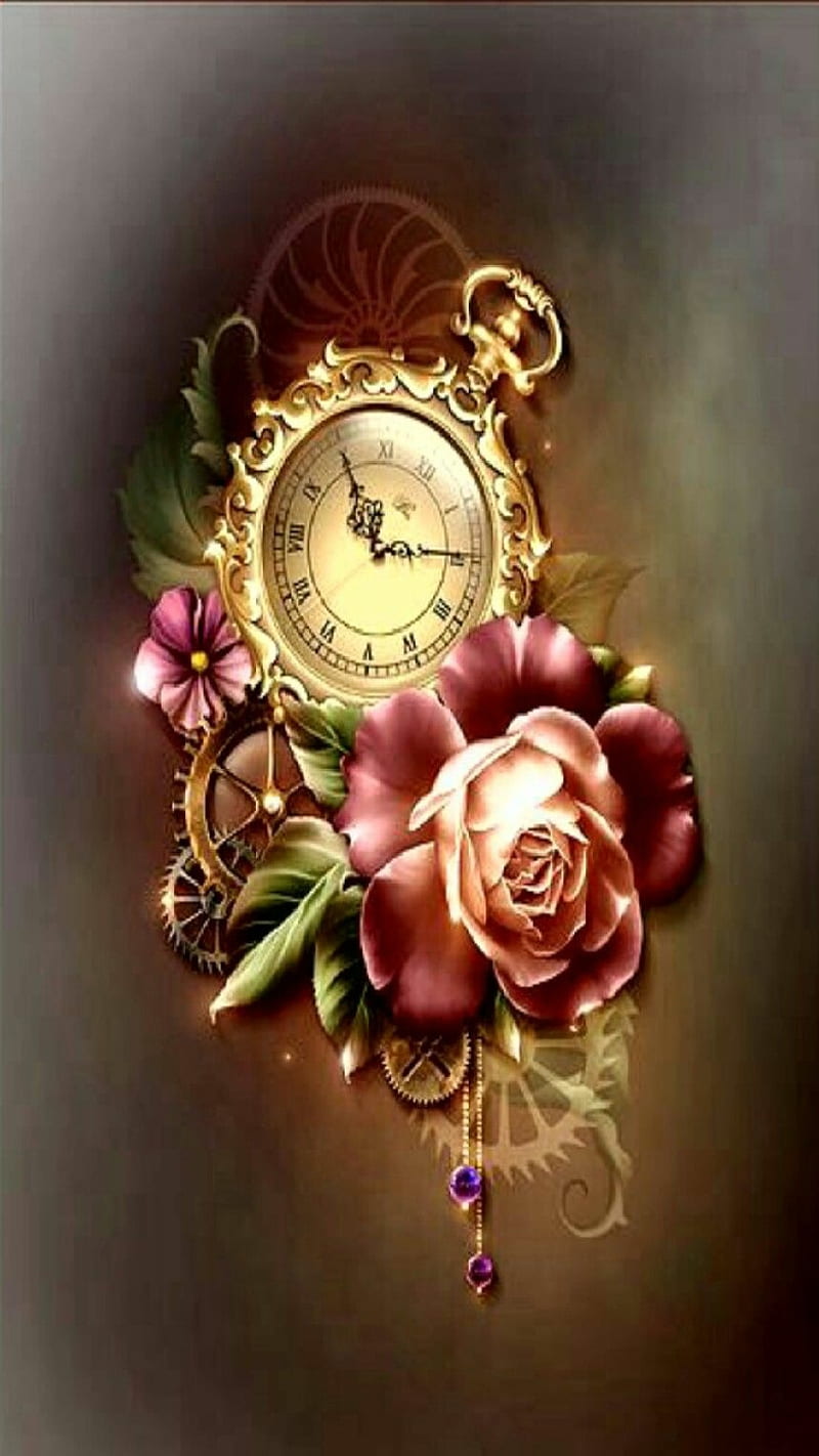 Shabby Timepiece, antique, clock, flowers, time, vintage, watch, HD phone wallpaper