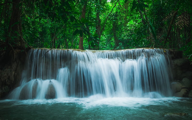 waterfall, tropical forest, lake, green trees, HD wallpaper