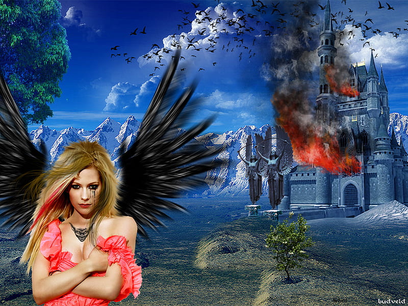 Burning Castle, wings, bats, angel, winged, fire, fallen, flames, crying, sad, black wings, HD wallpaper