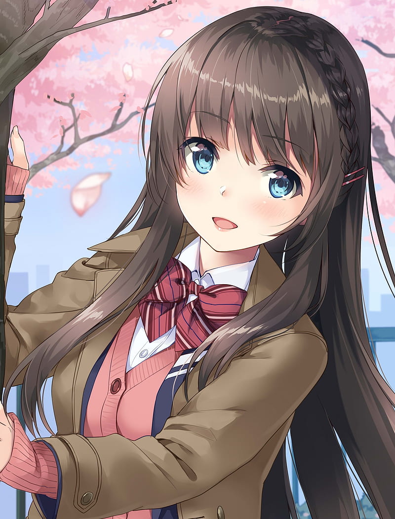 anime school girl, cherry blossom, brown hair, braid, ribbon, sakura, Anime, HD phone wallpaper