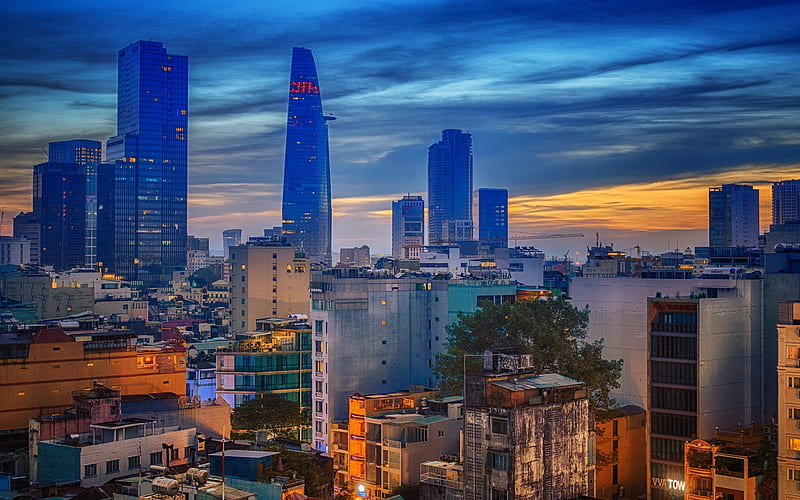 Saigon, Ho Chi Minh City, Vietnam, evening, sunset, skyscrapers, business centers, city lights, HD wallpaper