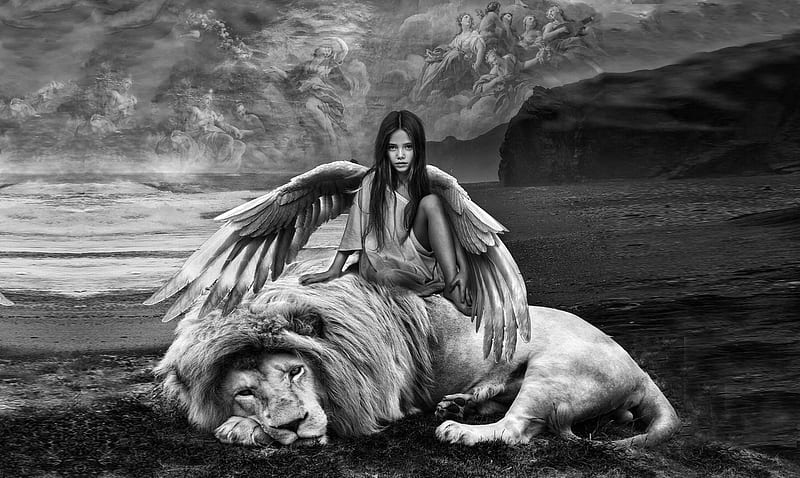 Lion and a Little Angel, fantasy, Sky, Ocean, Little Angels, bonito, Black and white, lion, angels, HD wallpaper