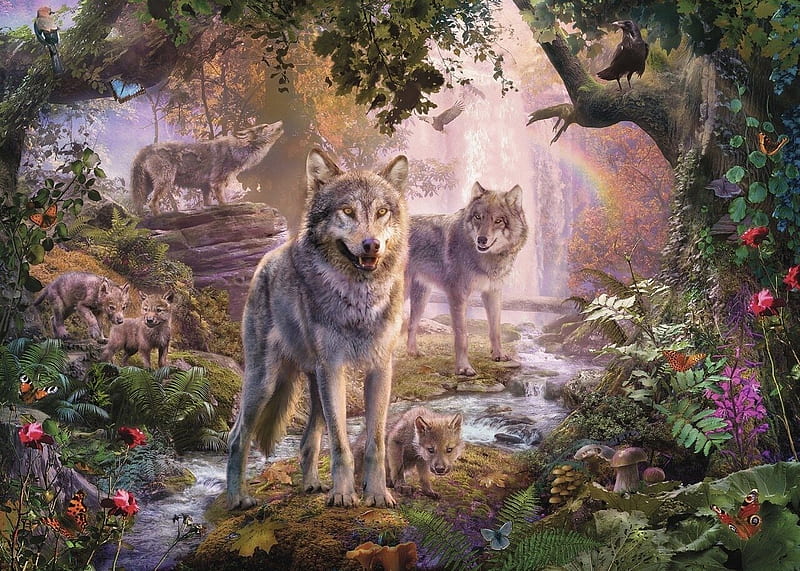 Wolves, forest, vara, fantasy, luminos, lup, summer, wolf, pack, frumusete, HD wallpaper