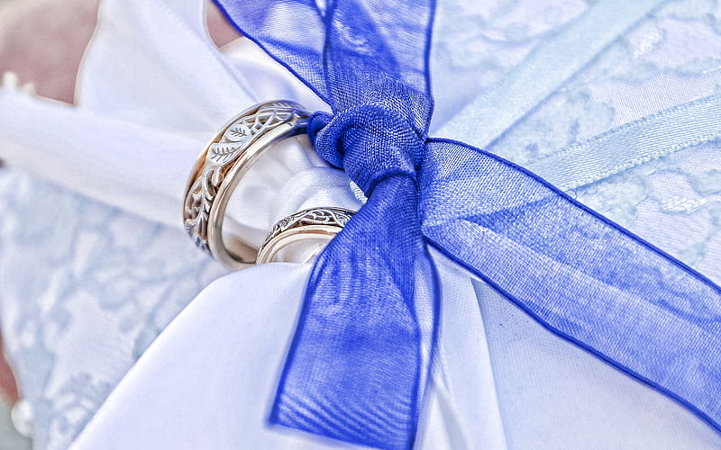 Wedding rings, wedding concepts, silk bow, pair of rings, gold rings, wedding rings on a white pillow, HD wallpaper