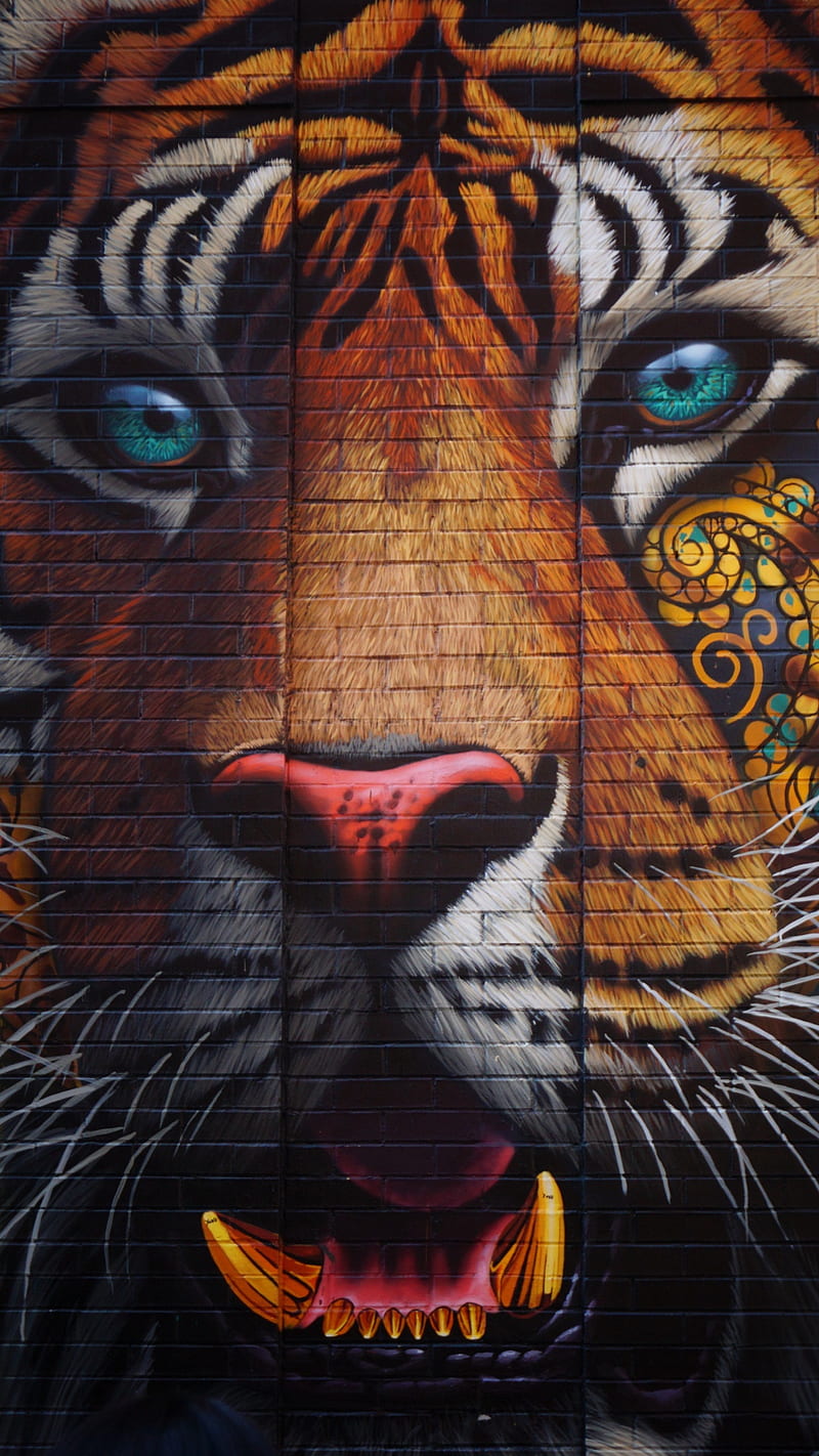 Colorful Tiger , wall, street art, graffiti, wild, animal, HD phone wallpaper