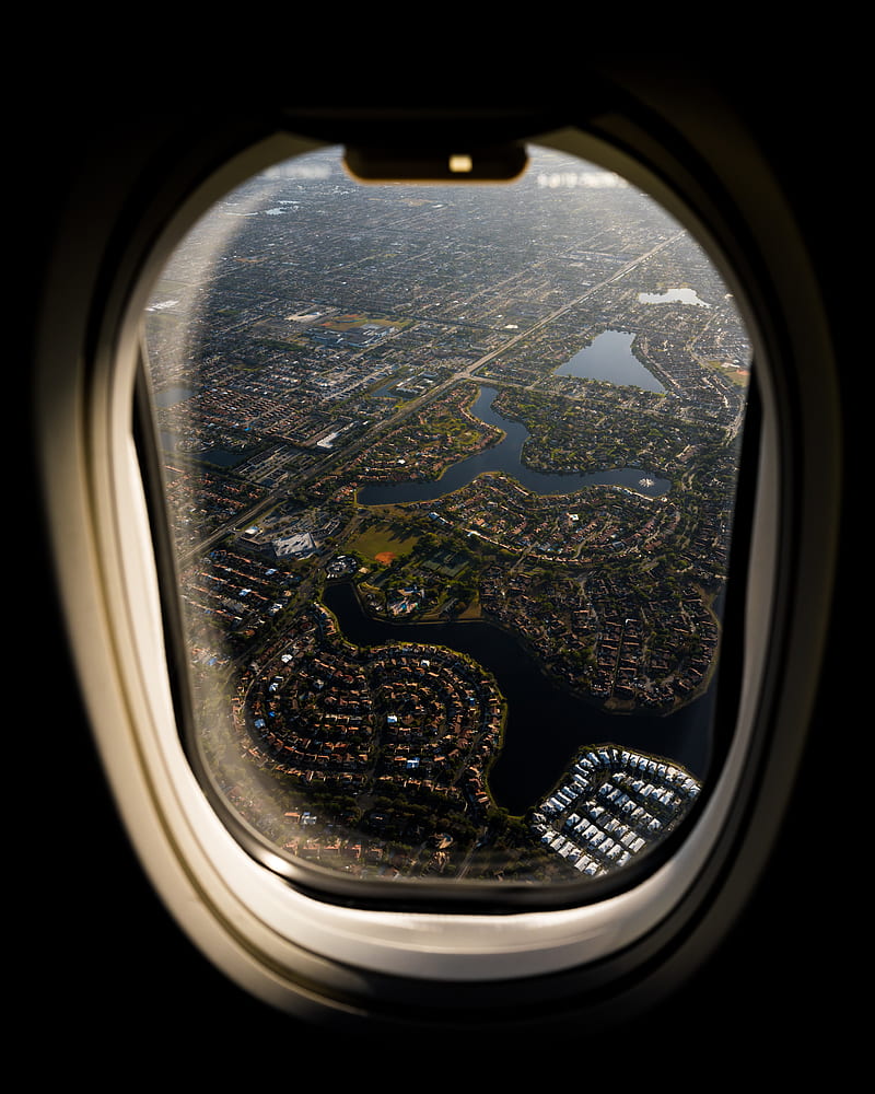 plane, porthole, city, aerial view, HD phone wallpaper