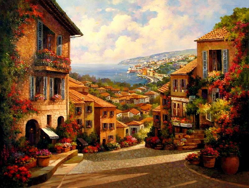Cobble Hill, hills, cobblestone street, houses, ocean, homes, clouds, balconies, water, flowers, street, HD wallpaper
