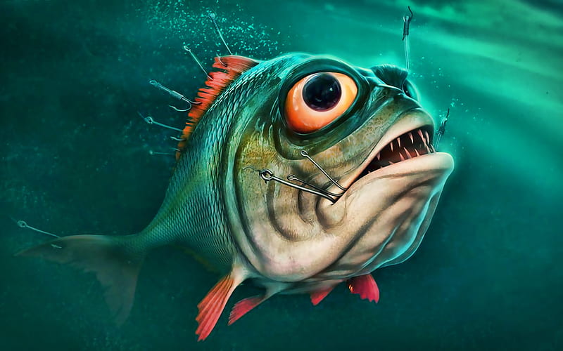 cartoon piranha, 3D art, underwater world, predator, cartoon fish, piranha, HD wallpaper