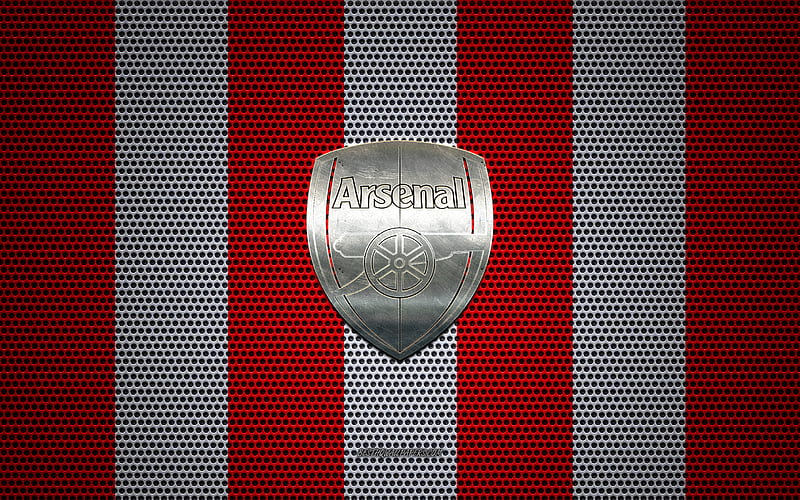 Arsenal FC logo, English football club, metal emblem, red and white metal mesh background, Arsenal FC, Premier League, London, England, football, HD wallpaper