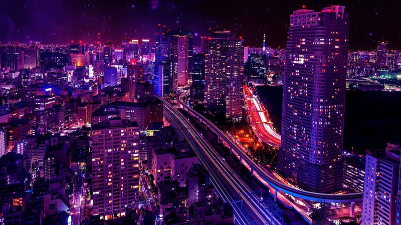 Cities, Night, Architecture, City, Building, Light, Japan, Tokyo, Highway, HD wallpaper