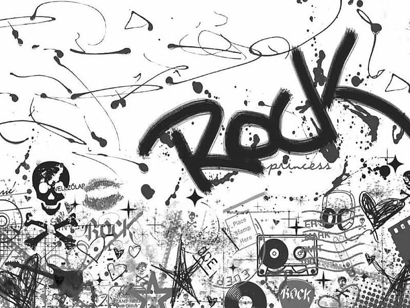 Music and Skulls, rock, tape, music, black and white, words, records, corazones, lips, HD wallpaper