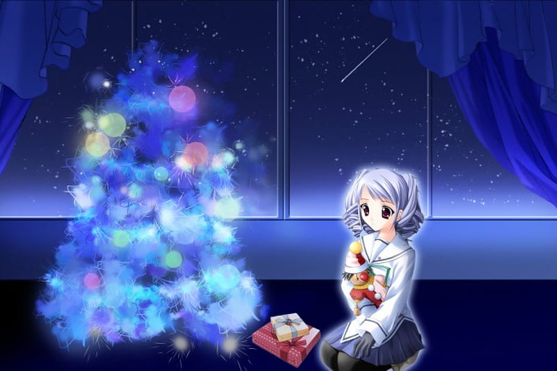 Christmas time, pretty, christmas tree, christmas, 24 midnigth, gift, girl, anime, toys, star, ligths, night, HD wallpaper