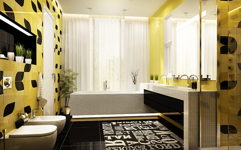 stylish modern bathroom, yellow black bathroom interior, modern design, yellow walls, HD wallpaper