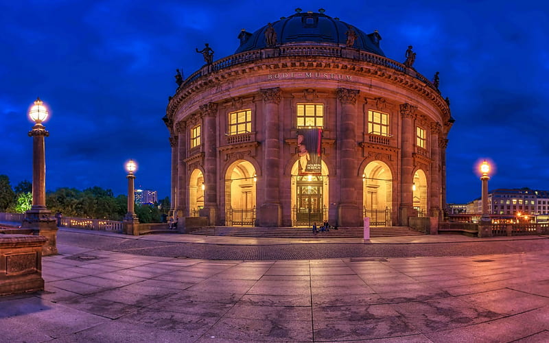Berlin, Bode-Museum, evening, city lights, Germany, Berlin landmarks, HD wallpaper