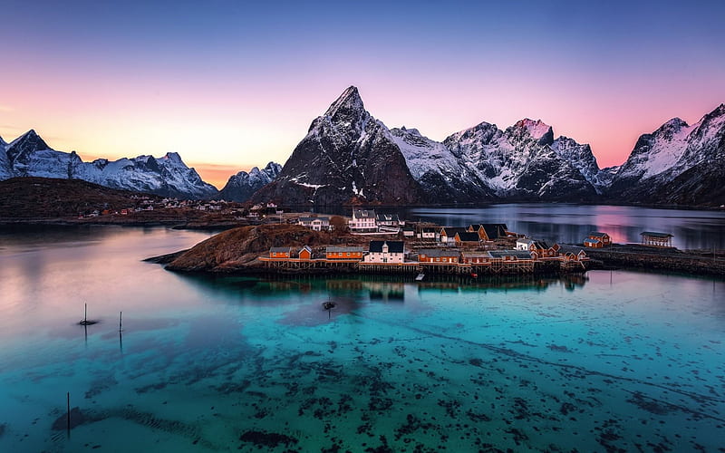 Lofoten islands, mountains, sunset, sea, Norway, fjord, village, HD wallpaper