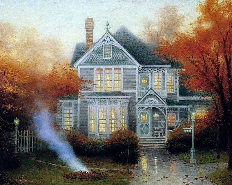 BURNING THE LEAVES, fall, autumn, victorian house, HD wallpaper