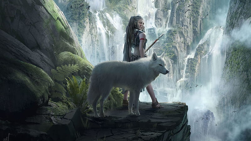 Warriors, wolf, girl, rocks, art, digital, waterfall, HD wallpaper | Peakpx