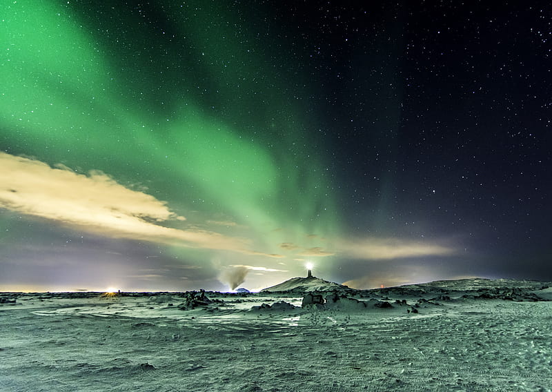 northern lights, aurora, snow, winter, sky, starry sky, natural phenomenon, HD wallpaper
