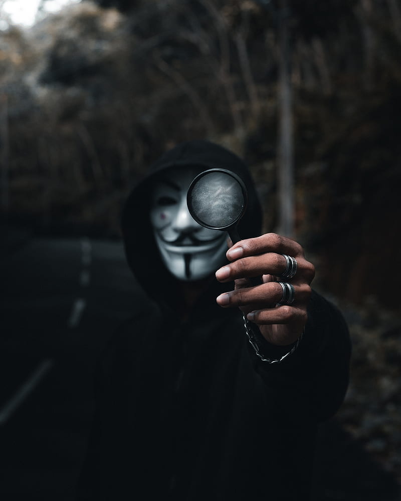 anonymous, hand, magnifier, man, mask, HD phone wallpaper