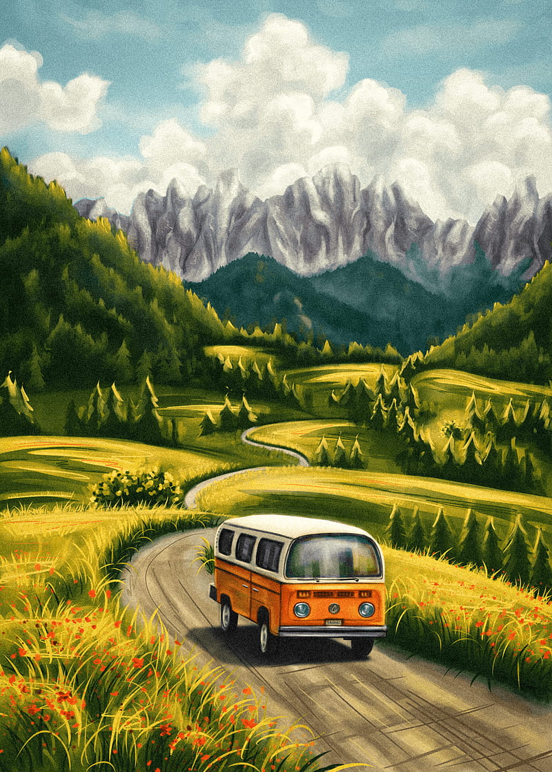 van, travel, summer, path, art, HD phone wallpaper