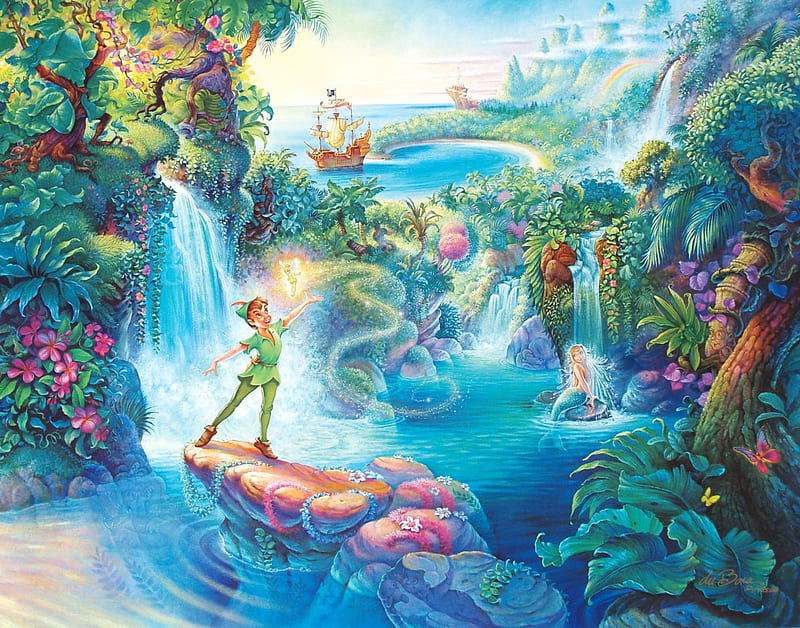 Peter Pan, art, luminos, tom dubois, fantasy, green, ship, painting, fairy, disney, blue, HD wallpaper