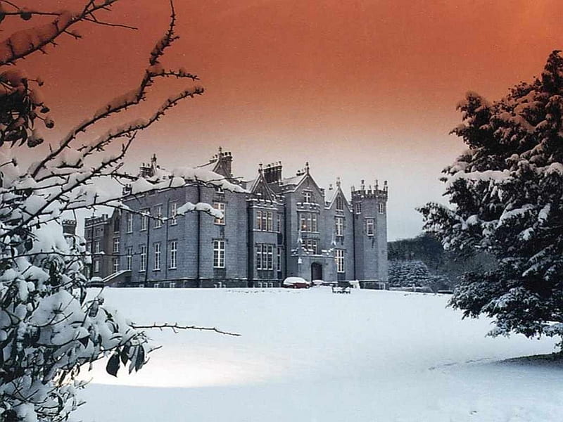 Kinnitty Castle, Ireland, irish, snow, middle ages, castle, red sky, winter, HD wallpaper