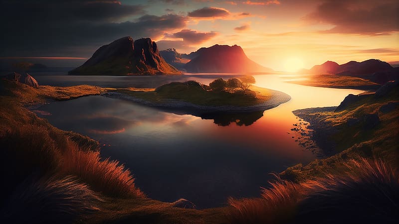 Glory, river, sky, dramatic, AI, rocks, sunset, sunrise, lake, HD wallpaper