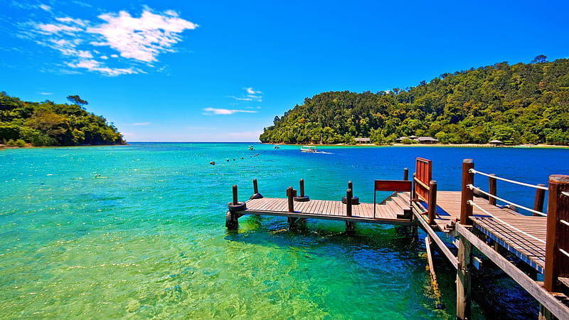 Beautiful scenery in a blue paradise, stunning, blue paradise, clouds, beautiful day, beach, nice, scenario, outstanding, heaven, forests, waterscape, wood, holiday, sky, trees, beautiful morning, cool, harbour, paradise, awesome, beachscape, bay, white, landscape, scenic, isle, clear water, 1920x1080, renderized, breathtaking, bonito, graphy, green, mirror, scenery, magnificent, blue, amazing, reflex, vacation, blue dreams, pier, colors, effect, island, nature, reflections, harbor, scene, HD wallpaper