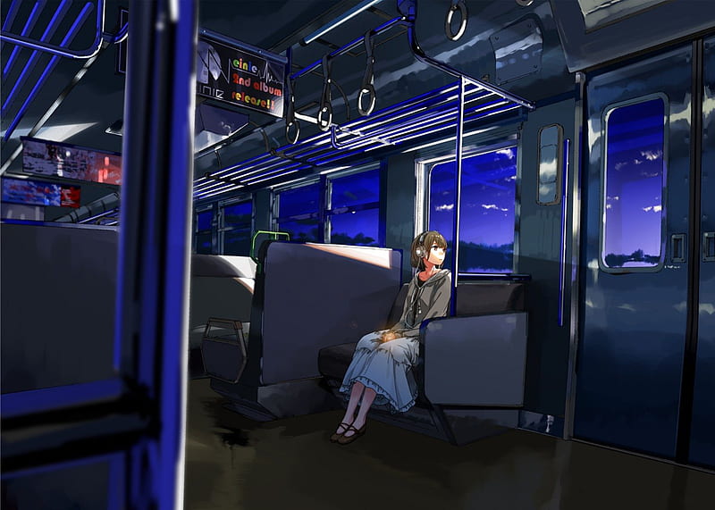 train ride at night, cute, pretty, train, girl, anime, headphones, HD wallpaper