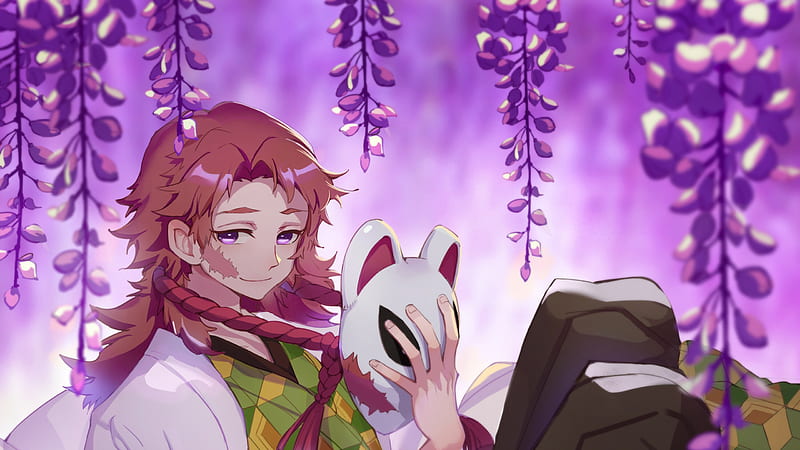 Demon Slayer Sabito With Brown Hair Having A Mask On Hand With Background Of Purple Flowers Anime, HD wallpaper