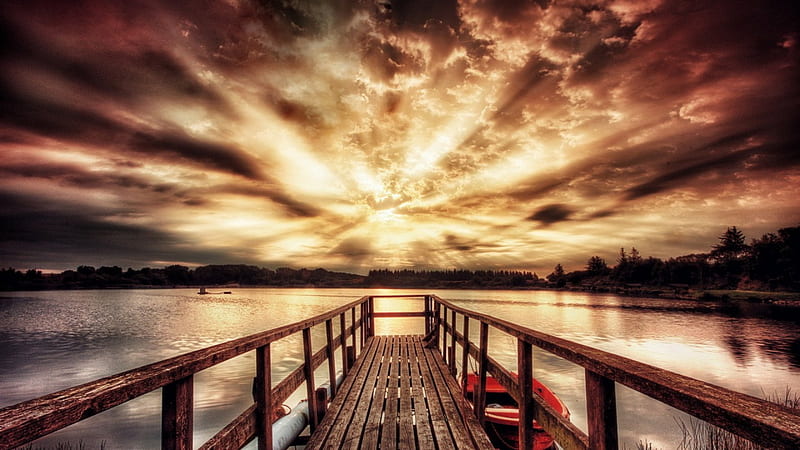 boat dock on a lake under majestic sunset, boat, dock, sunset, clouds, lake, HD wallpaper