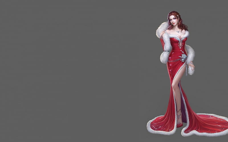 Fantasy girl, red, fantasy, girl, game, white, woman, fur, HD wallpaper