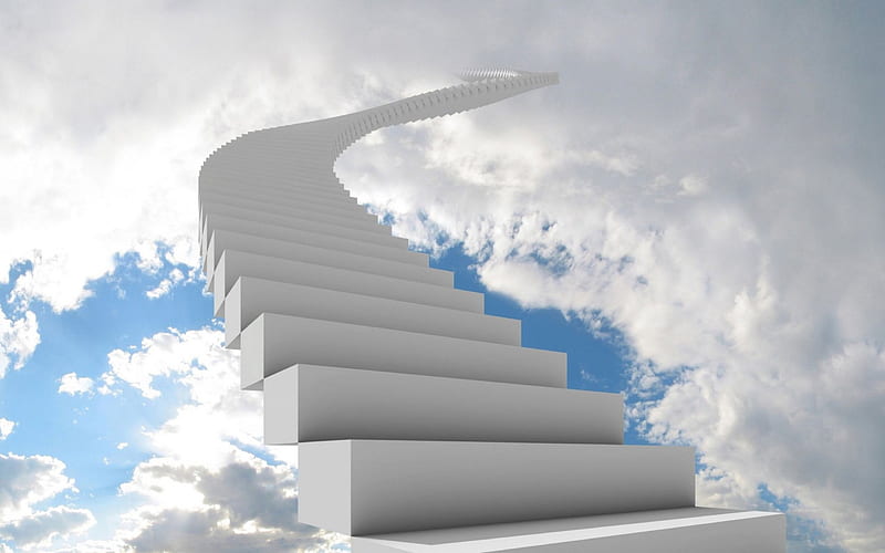 Stairway to the clouds, fantasy, cloud, stairway, white, creative, sky, blue, HD wallpaper