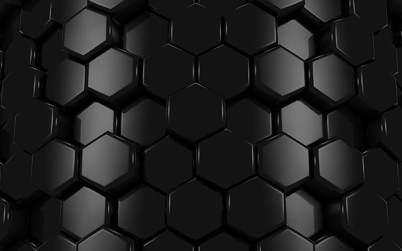 black hexagons hexagons 3D texture, honeycomb, hexagons patterns, hexagons textures, 3D textures, black backgrounds, HD wallpaper