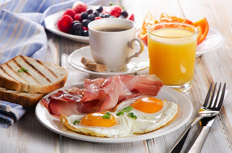 Food, Coffee, Cup, Fruit, Egg, Toast, Breakfast, Juice, Bacon, HD wallpaper