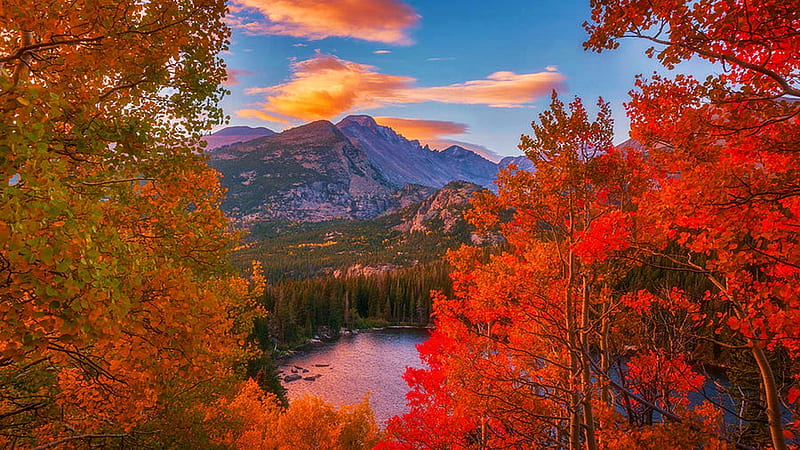Autumn's Breath - Rocky Mountain National Park, Colorado, fall, clouds, landscape, colors, trees, sky, sunset, usa, leaves, pond, HD wallpaper