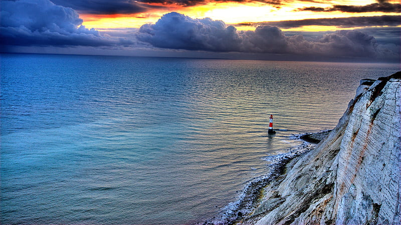 Sea Lighthouse Rock Sunset, sea, lighthouse, rock, sunset, nature, HD wallpaper