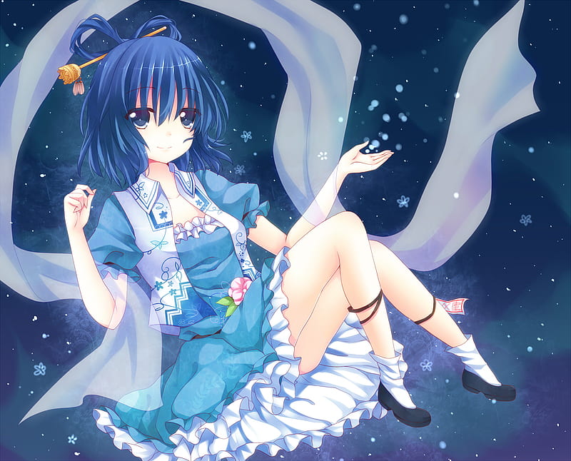 Seiga Kaku, stars, dress, space, riboon, bow, ruffles, anime, shoes, blue, HD wallpaper