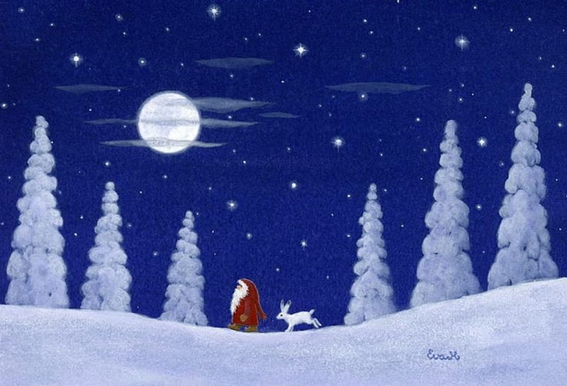 HD wallpaper walking in the moonlight pretty christmas rabbit draw and paint holidays lovely white trees colors love four seasons creative pre made santa claus xmas and new year winter snow moonlight