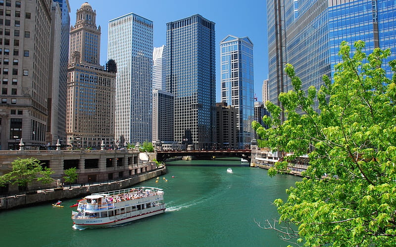 Spring in Chicago, city, ship, river, spring, America, Chicago, skyscrapers, HD wallpaper