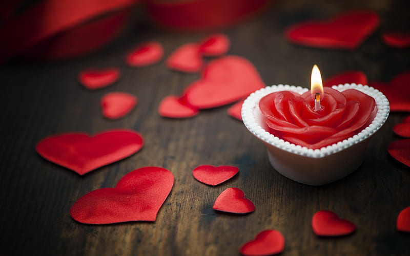 Valentines Day, red satin hearts, burning candle, romance, love concepts, candle heart, HD wallpaper